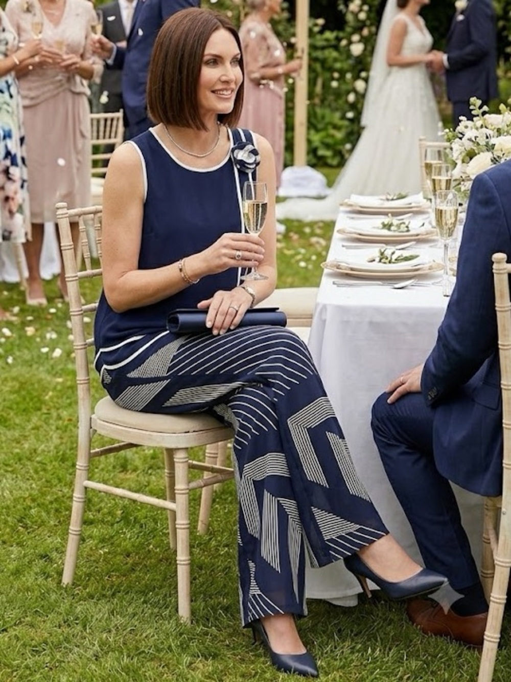 Peruzzi Italy Navy Blue Geometric Stripe Wide Leg Pants - Size Large